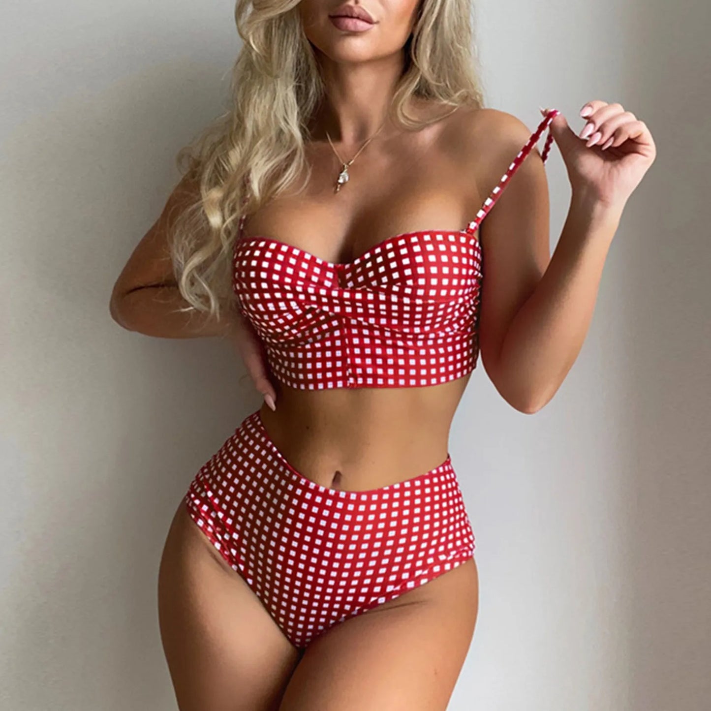 Summer Checkered Printing Bikini Set Sling Push Up Thin Shoulder Straps Separate Two-Piece Swimsuit High Waist Women'S Swimwear