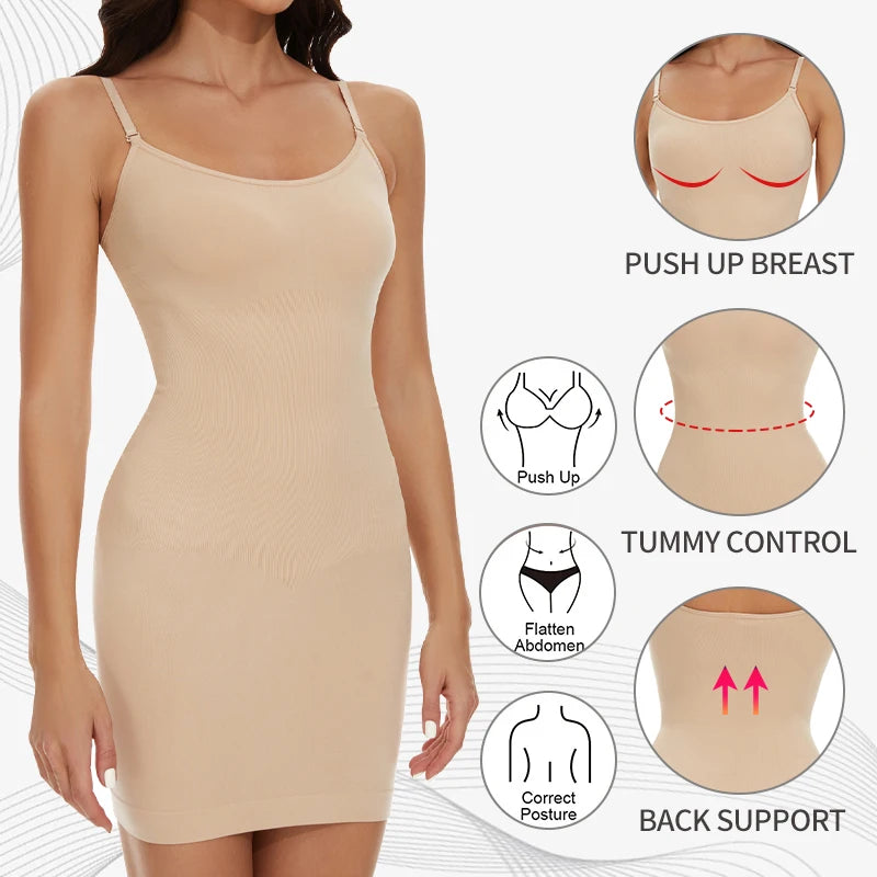 Women Seamless Shapewear Control Slips for Under Dresses Smooth Body Shaper Tummy Control Full Slip Slimming Cami Slip