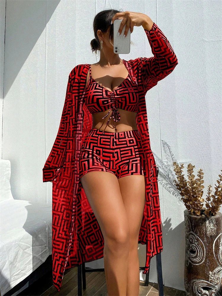 Bikini Women Swimsuit 2024 New Lattice Sling Bikinis Set Sexy Boxer Shorts Swimwear Summer Long Sleeve Beach Bathing Suit Female