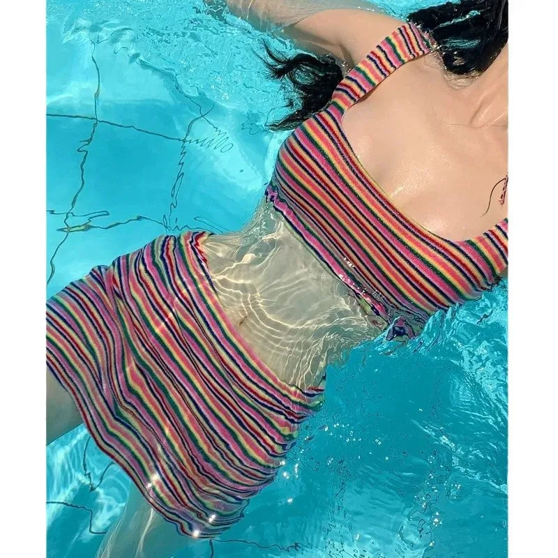 New Sexy Striped High Waist Bikinis Skirt Two Pieces Swimsuit Women Swimwear Beach Wear Bathing Suits Korean Bikini Set 2025