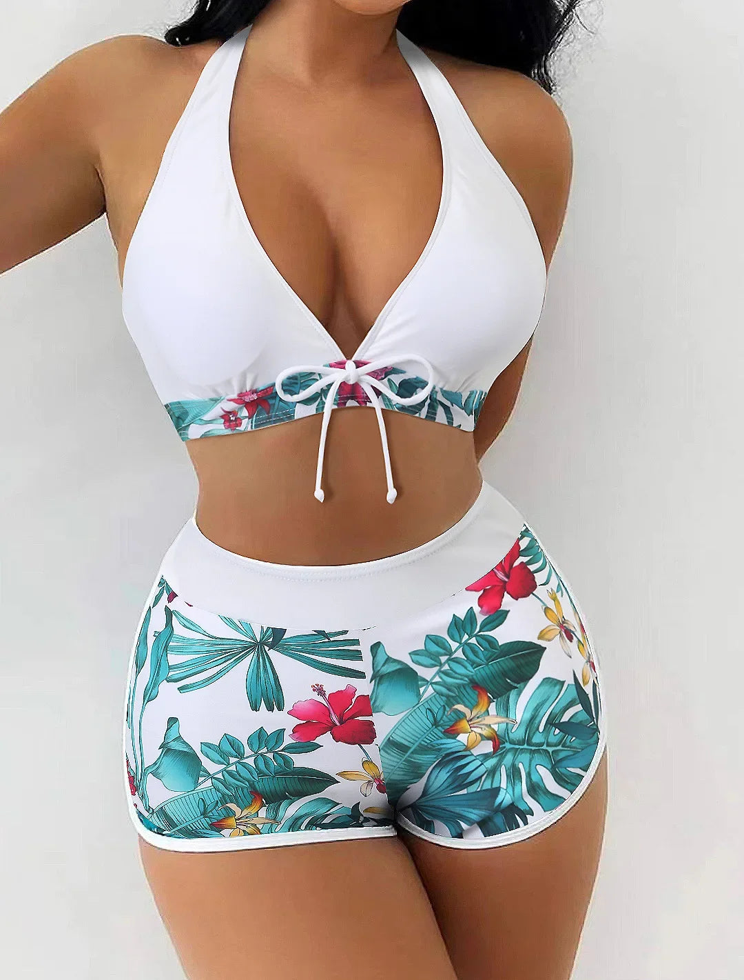 Fashion Printed Swimsuit Women Spliced Lace Up Sporty Surfing Bikini Set Bathing Suit Beachwear Swimwear Female Swimming Suits