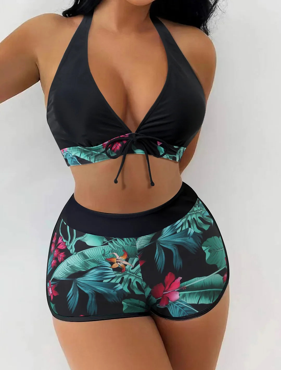 Fashion Printed Swimsuit Women Spliced Lace Up Sporty Surfing Bikini Set Bathing Suit Beachwear Swimwear Female Swimming Suits