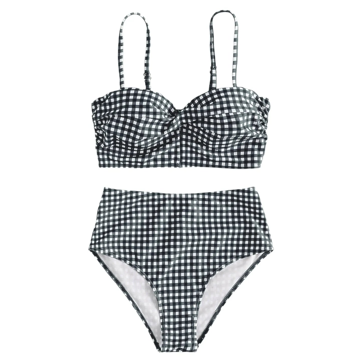 Summer Checkered Printing Bikini Set Sling Push Up Thin Shoulder Straps Separate Two-Piece Swimsuit High Waist Women'S Swimwear