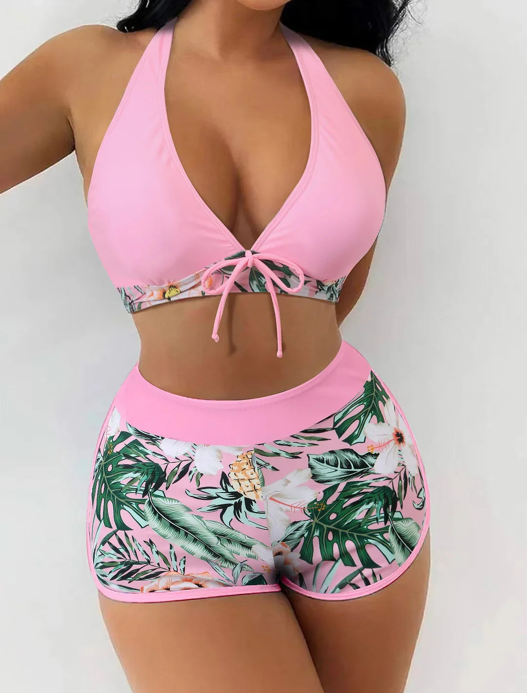 Fashion Printed Swimsuit Women Spliced Lace Up Sporty Surfing Bikini Set Bathing Suit Beachwear Swimwear Female Swimming Suits