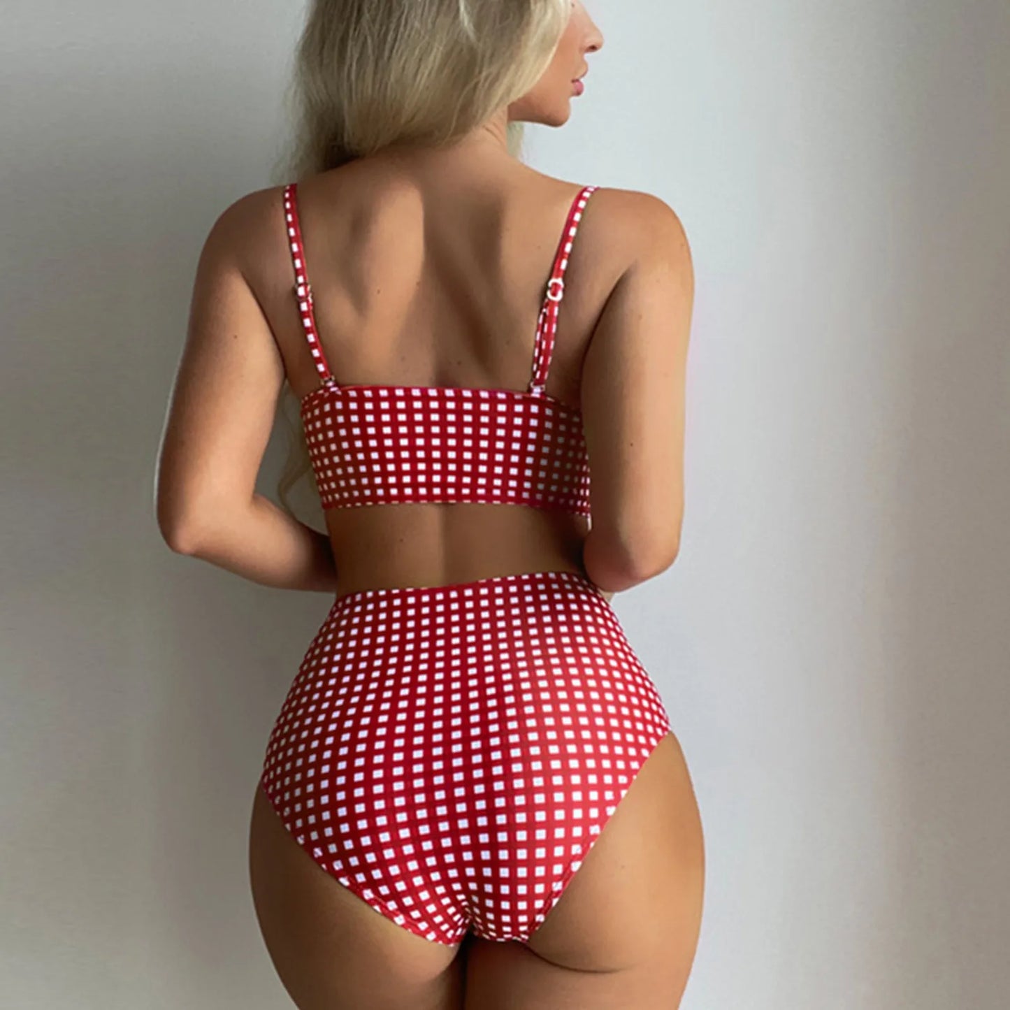 Summer Checkered Printing Bikini Set Sling Push Up Thin Shoulder Straps Separate Two-Piece Swimsuit High Waist Women'S Swimwear