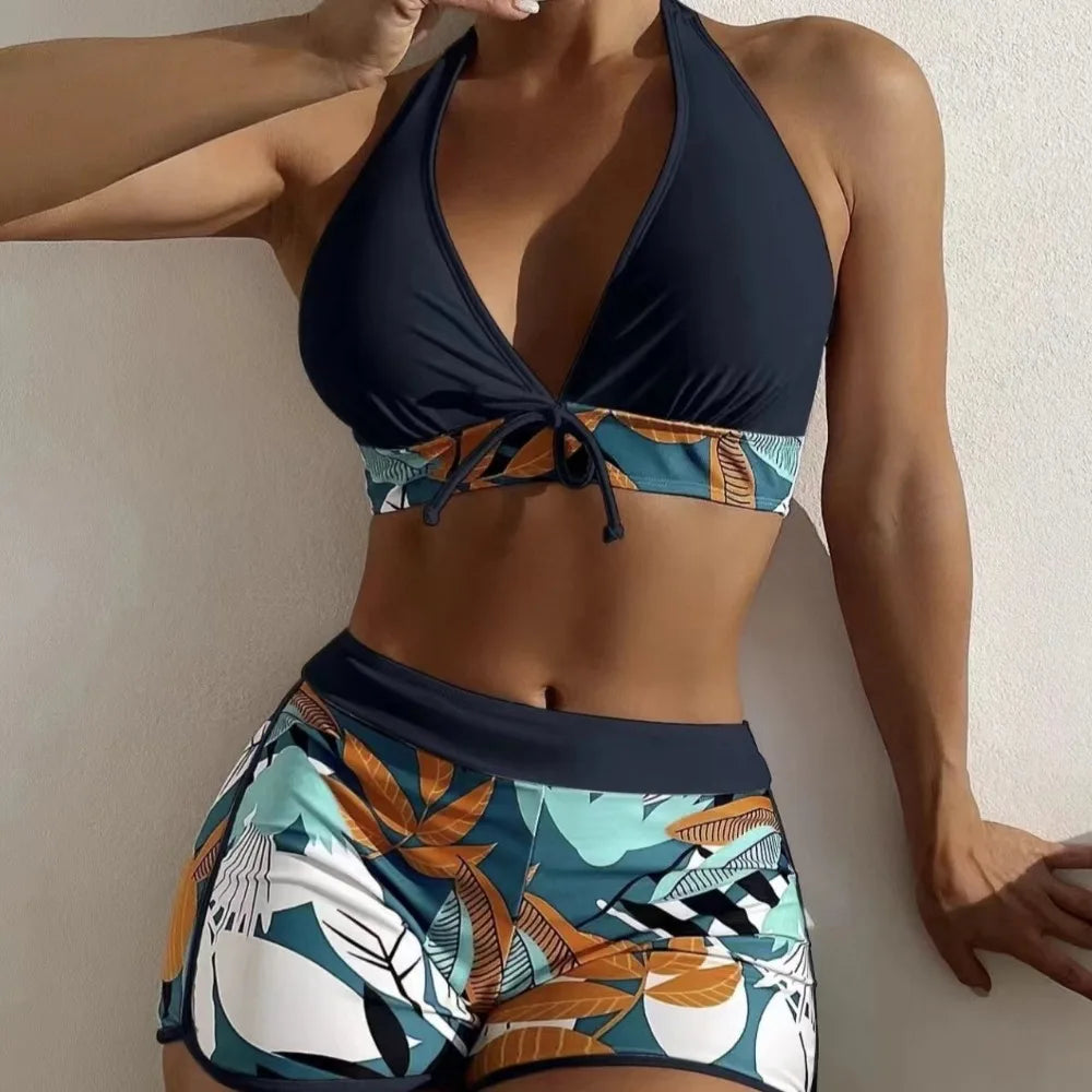 Fashion Printed Swimsuit Women Spliced Lace Up Sporty Surfing Bikini Set Bathing Suit Beachwear Swimwear Female Swimming Suits