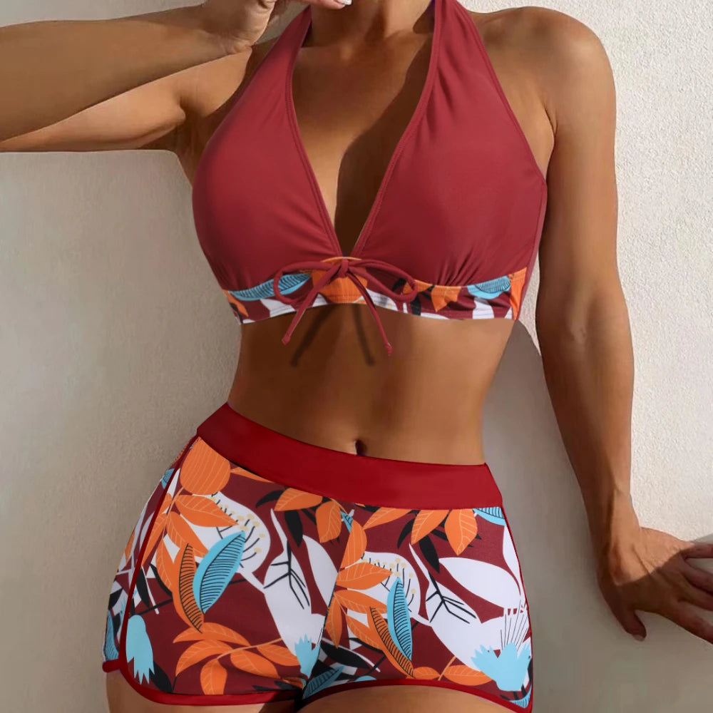 Fashion Printed Swimsuit Women Spliced Lace Up Sporty Surfing Bikini Set Bathing Suit Beachwear Swimwear Female Swimming Suits