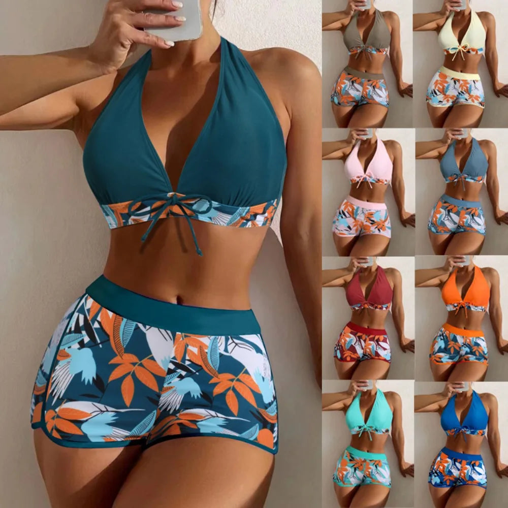 Fashion Printed Swimsuit Women Spliced Lace Up Sporty Surfing Bikini Set Bathing Suit Beachwear Swimwear Female Swimming Suits