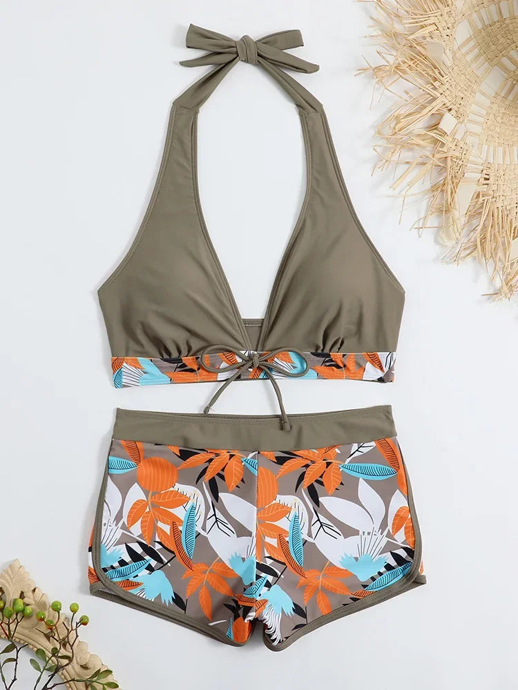 Fashion Printed Swimsuit Women Spliced Lace Up Sporty Surfing Bikini Set Bathing Suit Beachwear Swimwear Female Swimming Suits