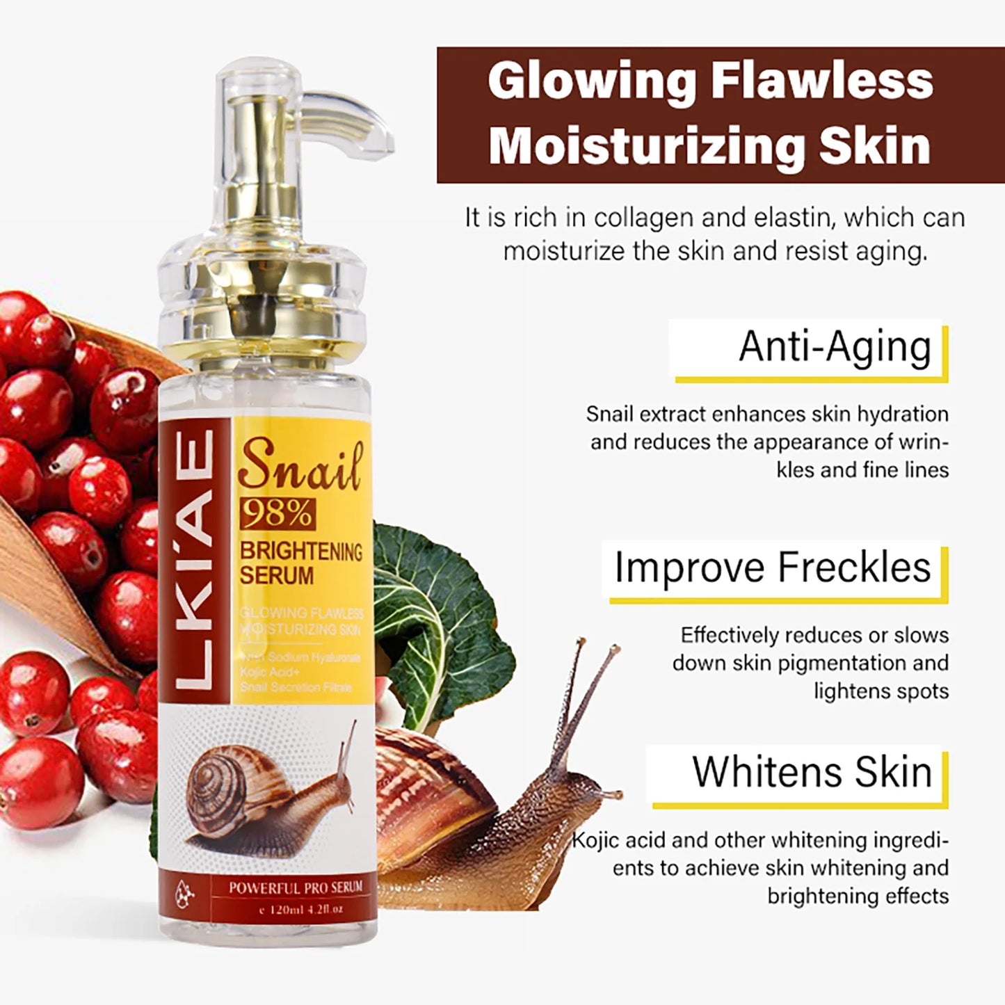 AILKE Dark Spot Eraser Vitamin K Snail Hyaluronic Acid Antiwrinkle Moisturizing Whitening Face Serum For Skin Lightening